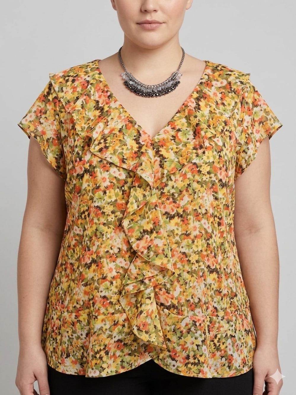 BETHANY Floral Mustard Red Orange Green Ruffle Blouse size XL